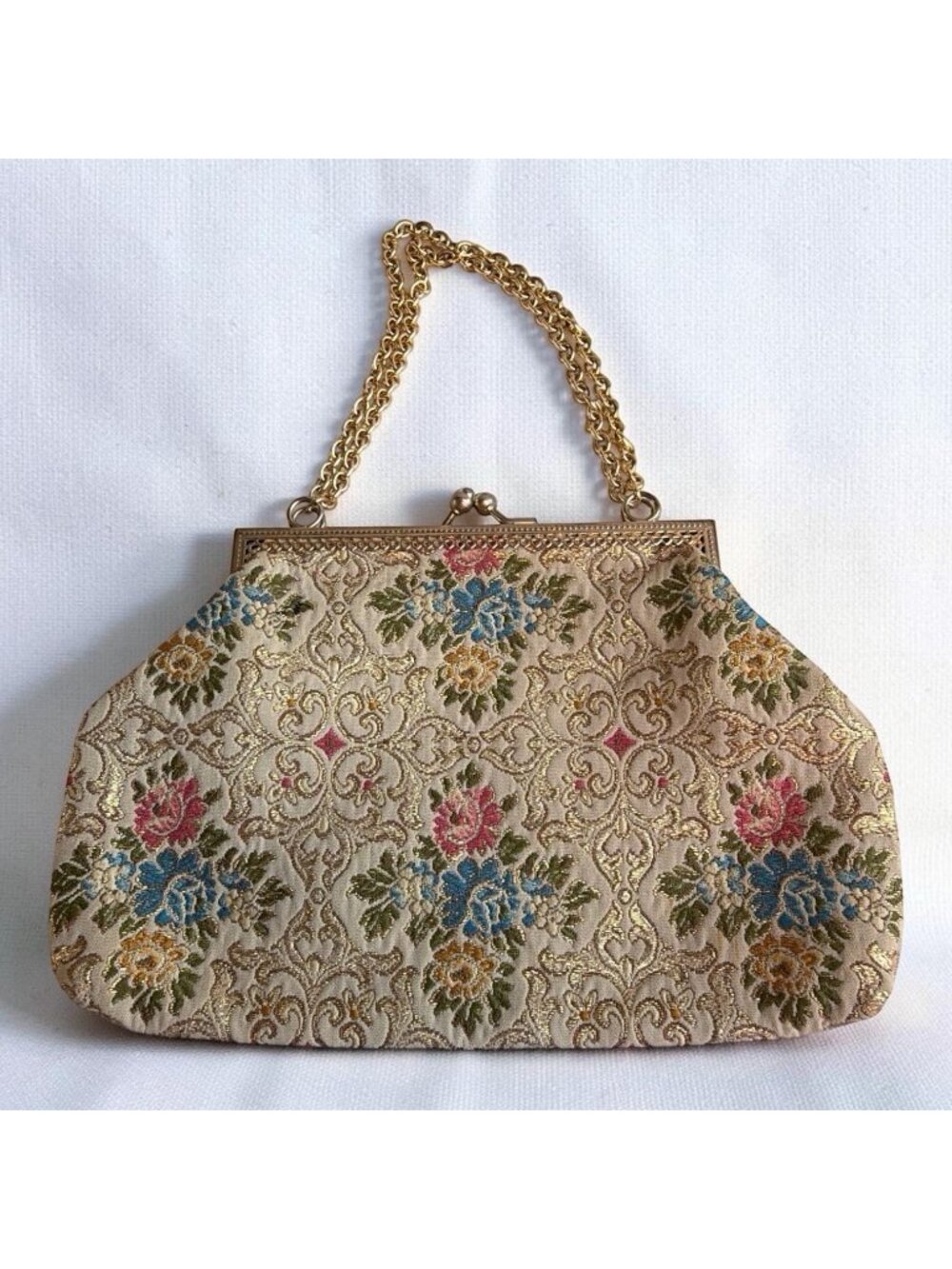 Vtg 40s Tapestry Walborg Gold Chain Italy Rhinestone Kiss Lock Evening Bag